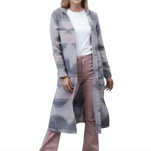 DICTIONARY Womens Long Hooded Cardigan Aztec Print Pink Gray Open Front XL New‎